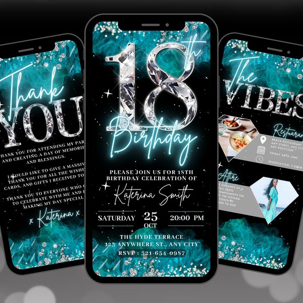 Digital 18th Birthday Invitation, Animated Teal Eighteen Party Invite, Aqua Tiffany Blue Silver Evite, Editable Itinerary & Thank You eCard