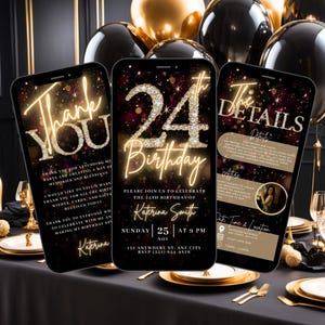 Peut inclure: Une invitation numérique pour une fête de 24e anniversaire. L'invitation est conçue avec un fond noir et des accents de paillettes dorées. Le texte "Merci" est affiché sur un écran de téléphone, "24e anniversaire" est affiché sur un autre écran de téléphone et "Les détails" est affiché sur le troisième écran de téléphone. L'invitation comprend la date, l'heure et le lieu de la fête.