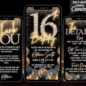 May include: Three black and gold smartphone mockups with a glittery background. The centre phone displays a 16th birthday invitation with the text "16th Birthday" and the name "Katerina Smith". The left phone displays a thank you message with the text "Thank You". The right phone displays the details of the party with the text "The Details" and RSVP information.