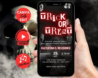 Puede incluir: Un teléfono inteligente muestra una invitación a una fiesta de Halloween con el texto "Trick or Treat" en neón rojo. La invitación incluye la fecha, hora y lugar: Katerina's Residence, sábado 25 de octubre a las 20:00. También se ven iconos de vídeo y música.