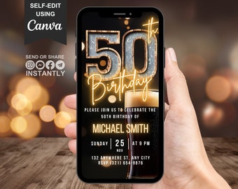 Invitación digital de cumpleaños número 50 para hombres, invitación a cena con cerveza para él, invitación electrónica para fiesta rústica de barbacoa en el jardín para hombres, plantilla de tarjeta electrónica editable