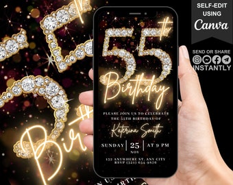 Faire-part vidéo numérique pour fête d'anniversaire 55e anniversaire, 55e carte d'invitation glamour pour elle, Evite animée or noir et diamants argentés, modèle modifiable