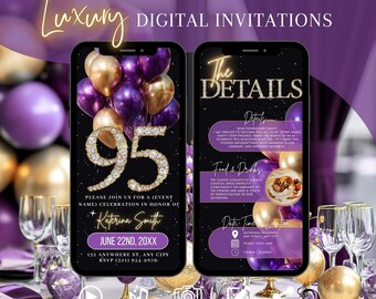 May include: Digital invitation design with a black and purple theme. The invitation displays the number 95 in a sparkling font, with event details. The words "Luxury Digital Invitations" are at the top. The design includes balloons and decorative elements.