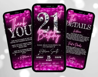 Digital 21st Birthday Invitation, Animated Video Hot Pink Women Glam Diamond Invite, Luxury Evite, Self Editable Itinerary & Thank You eCard