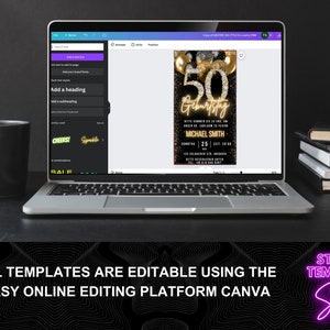 May include: A laptop computer displaying a digital invitation template for a 50th birthday party. The invitation features a black and gold design with balloons and the text "50 Geburtstag". The text "Studio Template Store" is displayed in pink neon letters on a black and white background.