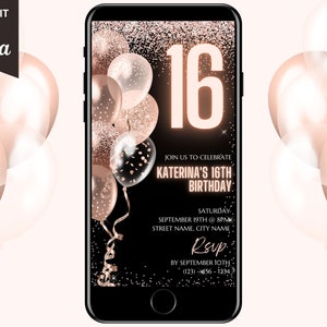 Digital 16th Birthday Invitation, Animated Sweet Sixteen Pink Party Invite, Rose Gold Balloon Evite For Women, Self Editable Template eCard