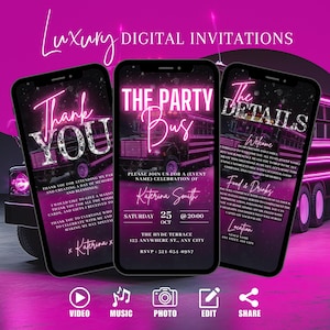 Digital Party Bus Invitation, Girls Limo Birthday Party Invite, Pink VIP Bus Evite For Women, Self Edit Itinerary Template eCard For Her