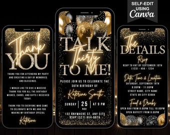 Digital Dirty 30 Birthday Invitation, Talk Thirty To Me Invite, Black Gold 30th Party Evite, Self Editable Itinerary & Thank You eCard