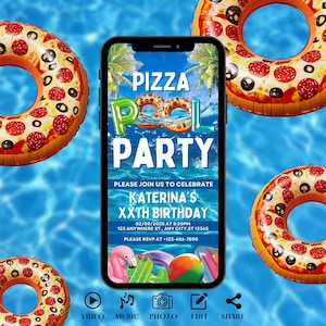 Invitation numérique à la piscine avec pizza. Invitation d'anniversaire de natation animée numérique pour adolescents et enfants. Activité baignade estivale. Modèle de carte électronique modifiable DIY.