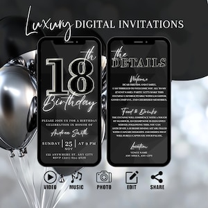 Digital 18th Birthday Party Invitation, Silver Dinner Invite For Men, Eighteenth Video Evite For Him, Self Editable DIY Template eCard