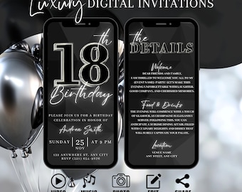 Invitación digital para fiesta de cumpleaños número 18, invitación a la cena de plata para hombres, invitación de video de cumpleaños número 18 para él, plantilla de tarjeta electrónica autoeditable