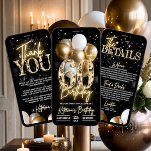 Digital 60th Birthday Invitation, Animated White Gold Sixty Diamond Dinner Party Invite, Brunch Evite For Women, Self Edit Itinerary eCard