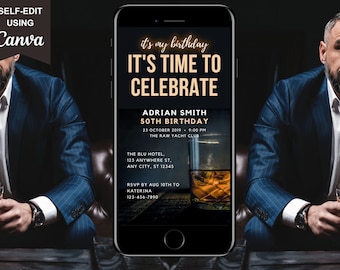Invitación digital para fiesta de 50 cumpleaños de hombre, plantilla editable de Whisky de Evite, descarga instantánea