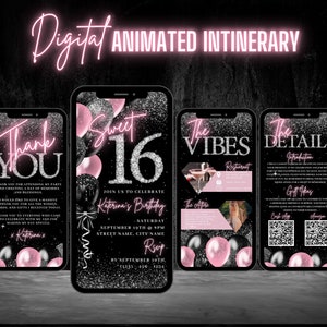 Digital Sweet 16 Birthday Invitation, Animated Sixteen Party Invite, Blush Pink Diamond Evite, Editable Vibes Itinerary & Thank You eCard