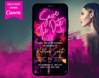 Invitación de cumpleaños digital con fecha de reserva / 30, 40, 50, 60 cumpleaños y para cualquier edad / Invitación electrónica en morado, rosa y blanco