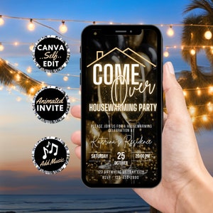May include: A digital invitation for a housewarming party with a gold and black color scheme. The invitation features a house icon, champagne glasses, and the text "Come Over Housewarming Party". The text "Katerina's Residence" is also included, along with the date and time of the party.