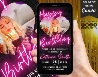 Digital Birthday Party Pink Neon Picture Invitation, Video Phone Text Message Evite, Editable Animated Template, Birthday eCard For Girls