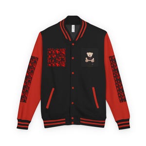Stylish Unisex Heavyweight Letterman Jacket, Floral Teddy Bear Design, Perfect for Casual Outfits, Gifts for Friends, Back to School,