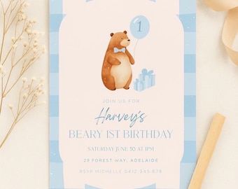 Beary First Birthday Invitation | Editable Boy 1st Birthday Invite | Blue Bear Printable | Canva Template | Instant Download