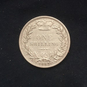May include: Silver coin with a crown and the words "ONE SHILLING" and "1882".