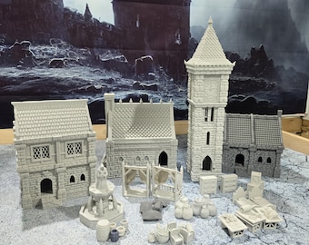 Small Village Set: Medieval Era, Tabletop Terrain -RPG & Wargames, Includes 3 Houses, 2 Stalls, 1 Clocktower, Scatter - 5 scales available