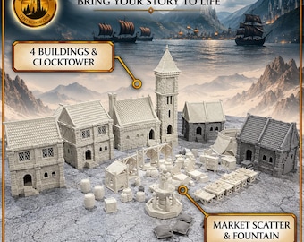 Può includere: Una collezione di miniature di terreno per giochi da tavolo composta da quattro edifici con texture in pietra, un'alta torre dell'orologio, una fontana centrale e vari elementi da mercato tra cui casse, barili e bancarelle. Il testo recita BRING YOUR STORY TO LIFE.
