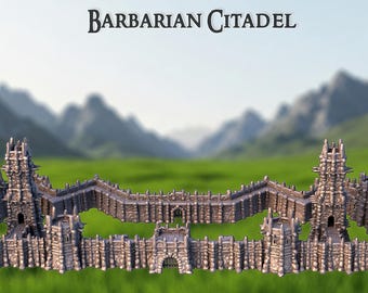 May include: A detailed model of a "Barbarian Citadel" with fortified walls and towers. The miniature castle is gray and brown, set against a backdrop of green grass and mountains. The text "Barbarian Citadel" is displayed above the model.