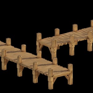 May include: Three miniature wooden docks with a rustic design. The docks are constructed from light brown planks and supported by vertical posts. The design suggests a small-scale model or decorative item, possibly for a diorama or craft project.