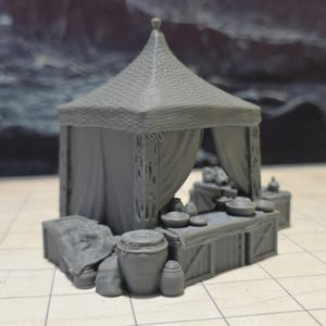 Covered Market Tent: Medieval Pottery Merchant's Setup - Tabletop RPG Scenery, Handcrafted Textile Detail