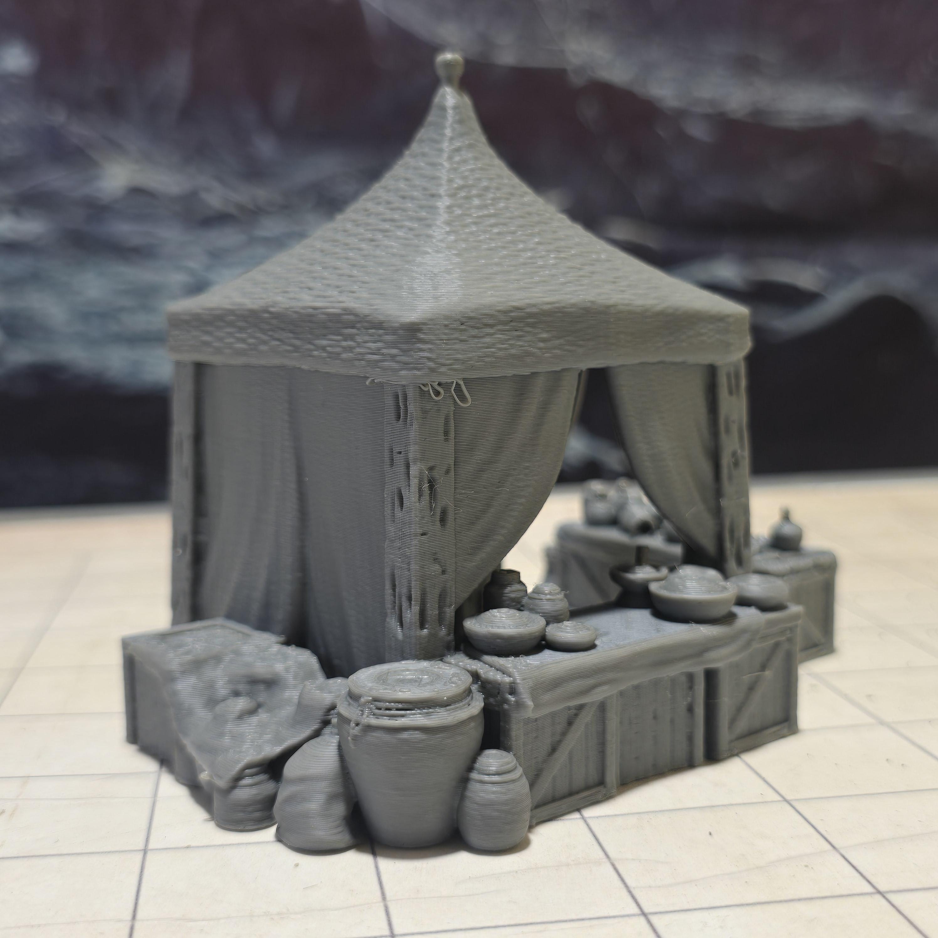 Covered Market Tent: Medieval Pottery Merchant's Setup - Tabletop RPG Scenery, Handcrafted Textile Detail