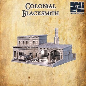 May include: A gray, stone colonial blacksmith shop with a working forge, a cart, and a chimney. The shop is on a base with a textured surface. "Colonial Blacksmith" is written above the shop.