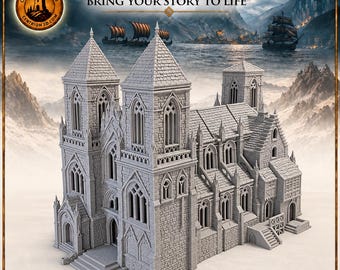 May include: A gray miniature cathedral model featuring intricate stone brick textures, multiple tall spires, arched windows, and a stepped entrance. The structure includes the text BRING YOUR STORY TO LIFE and a circular logo reading CENTRION STUDIO.