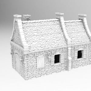 May include: A white, stone-built building with a gabled roof and two windows. The building has a stone facade and a simple design.