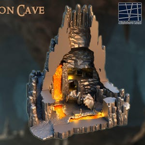 May include: A miniature dragon cave with a lava waterfall and a dragon inside. The cave is made of gray rock and has a brown base. The text "Dragon Cave" is visible at the top of the image.