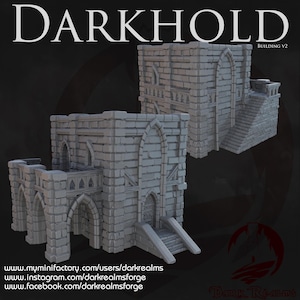 May include: A 3D printed model of a stone building with a pointed archway and a small balcony. The building is designed for tabletop gaming and is part of a series of buildings called "Darkhold".