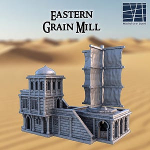 May include: A miniature Eastern Grain Mill model with a domed tower and arched windows. The model is primarily gray with a textured appearance, suggesting stone construction. The text "EASTERN Grain Mill" is displayed above the model.