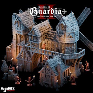 May include: A detailed model of a medieval village with multiple buildings, including a windmill and connected structures. The model is made of gray and brown materials, with the text "Kingdom of Guardia Windstone Reign" visible.