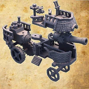 May include: A gray, steampunk-style cannon on wheels with a detailed design. The cannon is disassembled into multiple parts, including the barrel, carriage, and a small, decorative ship.