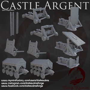 May include: A set of 3D printed miniature siege equipment for tabletop games. The set includes a ladder, a trebuchet, a battering ram, and a siege tower. The models are printed in a light gray color and are ready to be painted.