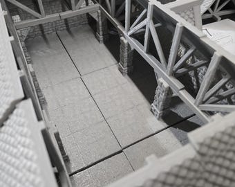 May include: A gray, 3D printed model of a building interior with a wooden beam ceiling and a tiled floor.