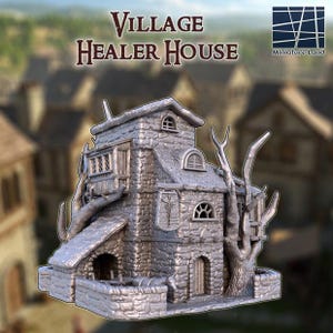 May include: A detailed miniature model of a stone healer's house with a wooden door and windows. The house has a thatched roof and a small tree growing out of the side. The model is painted in a silver color and is set against a blurred background of other miniature buildings. The text "VILLAGE HEALER HOUSE" is displayed above the model.