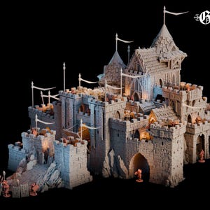 May include: A detailed model of a medieval castle with multiple towers, battlements, and arched entryways. The castle is constructed from light grey stone and features small white flags. The image includes the text "Kingdom of Guardia, Whetstone Reign".