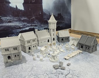 Village Square & Market, 28mm Scale, 5 Houses, 1 Market, 1 clocktower, Tabletop Terrain, Gaming Miniature, Tabletop Scenery
