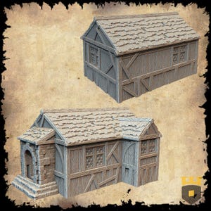 May include: Two miniature medieval-style buildings. The structures feature textured wooden walls, detailed shingled roofs, and small windows. One building has a stone entrance. The color palette includes shades of brown, gray, and beige, creating a rustic aesthetic.