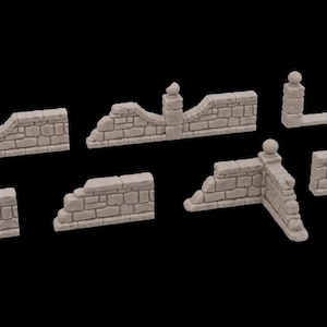 May include: A set of seven stone wall sections for tabletop gaming. The sections are made of a light gray plastic and feature a rough stone texture. The sections can be combined to create a variety of wall configurations.