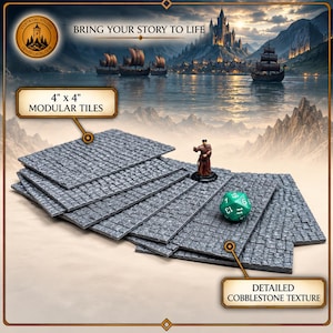 May include: A stack of gray modular tiles with a detailed cobblestone texture, each measuring 4 inches by 4 inches. A small painted miniature figure and a green twenty-sided die are placed on top of the tiles, which feature a realistic stone pattern.