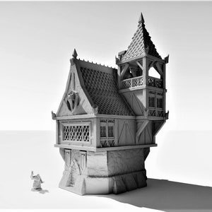 May include: A 3D printed model of a small, gray, medieval-style building with a tower. The building has a pointed roof and a small balcony. The model is set against a white background.