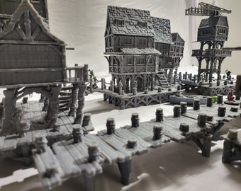 Old Lake Town Set for DnD Pathfinder - 6 Buildings with Dock
