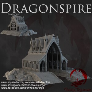 May include: A 3D printed model of a gothic style boathouse with a pointed archway and a small boat in the water. The model is printed in gray plastic and has a detailed design. The text "DragonSpire" and "Boathouse" is printed on the image.