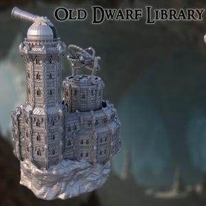 May include: A detailed, silver-colored model of a fantasy library with the text "OLD DWARF LIBRARY" above. The model features a tall tower with a telescope and a smaller structure with an armillary sphere. The base appears to be a rocky formation.